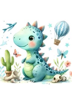 a blue dinosaur sitting next to a cacti and some other things on the ground