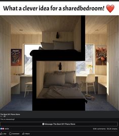 a bed room with two bunk beds next to each other and an advertisement on the wall