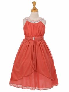 Coral Chiffon Pleated Jeweled Neckline Dress Orange Flower Girl, Chiffon Dress Wedding, Purple Chiffon Dress, Light Purple Dress, Sleeveless Chiffon Dress, New Flower, Dress Stand