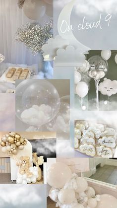 a collage with balloons, clouds and other items