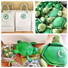 stuffed animals and bags are shown in this collage, including green turtle plushies