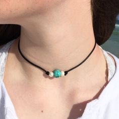 Turquoise Choker Necklace for Women, Short Pearl and Turquoise Necklace on black leather for teen gi Adjustable Turquoise Necklace For Everyday, Turquoise Necklace With Sliding Knot For Gift, Turquoise Jewelry With Sliding Knot For Vacation, Turquoise Jewelry With Adjustable Cord As Gift, Turquoise Jewelry With Adjustable Cord For Beach, Turquoise Beads Choker As A Gift, Adjustable White Turquoise Necklace As Gift, Adjustable White Turquoise Necklace For Gift, Gift Turquoise Beaded Choker