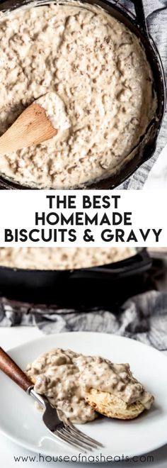 the best homemade biscuits and gravy in a cast iron skillet on a white plate