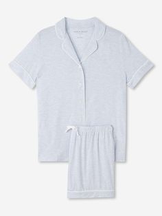 Perfect for lounging in when you get home from work, a good night's sleep and then breakfast round the table in the morning - our blue Ethan jersey shortie pyjamas work effortlessly as a versatile modern take on the classic pyjama. Designed for a flattering but comfortable shape, our women's shortie pyjamas will keep you looking great and feeling comfortable throughout the seasons. The short sleeve jacket top features a fully piped finish in a contrasting white piping for a stylish appearance an Night Clothes Pajamas, Light Grey Leggings, Dream Wishlist, Sleep Easy, Womens Pajama Shorts, Classic Pajamas, Pyjamas Womens, Christmas Money, Short Sleeve Jacket