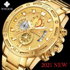 Brand Name: WWOORBand Length: 23cmStyle: SportMovement: QUARTZCertification: CECertification: RoHSWater Resistance Depth: 5BarClasp Type: Bracelet ClaspOrigin: CN(Origin)Case Material: AlloyCase Thickness: 15mmDial Window Material Type: HardlexItem Type: Quartz WristwatchesBoxes & Cases Material: PaperBand Material Type: Stainless SteelDial Diameter: 48mmModel Number: 8879 GoldBand Width: 24mmCase Shape: RoundFeature: Stop WatchFeature: Shock ResistantFeature: luminousFeature: Auto DateFeature: Gold Watches For Men, Top Brands Fashion, Waterproof Sports Watch, Gold Watches, Men's Watches Luxury, Gold Watch Men, Military Watches, Mens Gold, Luxury Watches For Men