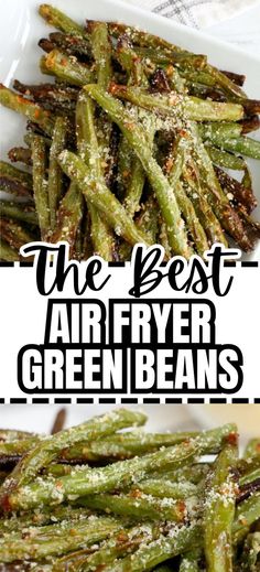 Closeup shot of air fryer green beans with parmesan cheese at top and bottom. Green Beans Vegan, Air Fryer Green Beans, Air Fried Green Beans, Crispy Green Beans, Parmesan Green Beans, Fried Green Beans, Cooking Green Beans, Garlic Green Beans, Frozen Green Beans