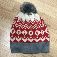 Crazy 8 Fair Isle Girls Hat Size Large 10 12 14 Red/ Gray Pom Pom Top New With Tags Cute Red Winter Hat, Casual White Hat For Holiday, Casual White Holiday Hat, Casual White Christmas Hat, Girls Beanie, Beanie Pom Pom, Girl Beanie, Crazy 8, Girl With Hat