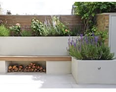 an outdoor fire pit surrounded by plants and flowers