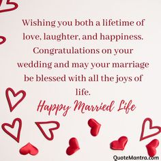 happy married life greeting card for husband and wife with red hearts on white paper background