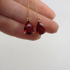 Dainty Ruby Red Thread Earrings Red Teardrop Earrings | Etsy Vietnam Red Drop Crystal Earrings As Gift, Red Drop Earrings For Pierced Ears, Elegant Red Drop Crystal Earrings, Red Teardrop Drop Earrings, Red Drop Jewelry With Matching Earrings, Red Teardrop Crystal Earrings, Elegant Red Teardrop Earrings With Ear Wire, Red Ruby Drop Earrings, Red Teardrop Earrings For Formal Occasions