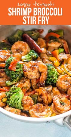 shrimp and broccoli stir fry in a skillet with the title overlay