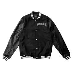 The Punisher Varsity Jacket Wool & Leather Sleeves - Super Heroes Varsity - Jack N Hoods Leather Varsity Jacket Features: Melton Wool Body. Leather Sleeves. 1x1 acrylic knit on collar, cuffs and waistband. Snap Front Closure. Quilted Lining Inside. Two Slash Pockets on front One Internal leather chest pocket Available Sizes: Unisex 3XS-3XL Black Letterman Jacket, Leather Sleeve Jacket, Leather Varsity Jackets, College Jackets, Letterman Jacket, Miami Marlins, Leather Sleeve, Carolina Panthers, Baseball Jacket