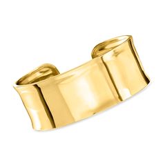 Ross-Simons - Italian 18kt Gold Over Sterling Polished Cuff Bracelet. 7". Embrace the beauty of simplicity. Made in Italy of polished 18kt yellow gold over sterling silver, our gleaming cuff bracelet makes an alluring statement that is impossible to be overlooked. 1" wide. Slip-on, 18kt gold over sterling cuff bracelet. Timeless Gold Cuff Bracelet With Polished Finish, Gold Open Cuff Elegant Jewelry, Elegant Gold Open Cuff Jewelry, Classic Gold Cuff Bracelet, Classic Gold Open Cuff Bracelet, Yellow Gold Polished Cuff Bracelet, Yellow Gold Cuff Jewelry For Anniversary, Gold Open Cuff Bracelet For Formal Occasions, Elegant Gold Open Band Bangle