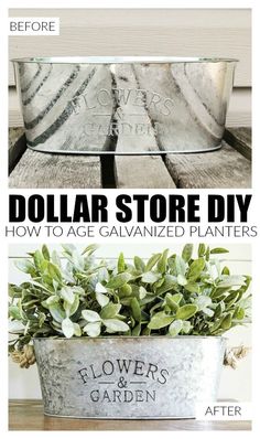 dollar store diy how to age galvaniized planters with flowers and herbs