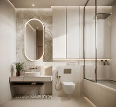 a bathroom with a toilet, sink and mirror in it's corner area next to a shower