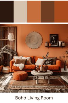 an orange living room with brown accents