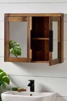 a bathroom sink sitting under a mirror next to a wall mounted cabinet with a potted plant