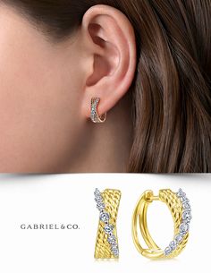 14K Yellow-White Gold Fashion Earrings EG13851M45JJ #GabrielNY #DiamondJewelry #FineJewelry #GabrielAndCo #UniqueJewelry #FineJewelry#FashionJewelry#UniqueJewelry#GiftIdeas#UniqueGifts #DiamondJewelry #Jewelry #Earrings #FashionEarrings Luxury Diamond Accented Huggie Earrings, Luxury Gold Huggie Earrings With Diamond Cut, Baali Earring Gold Simple, Exquisite Gold Diamond Earrings Luxury, Luxury Yellow Gold Diamond Earrings For Party, Luxury Halo Huggie Earrings For Wedding, Luxury Gold Diamond Earrings With Pave Setting, Diamond Baali Earrings, White Huggie Jewelry With Diamond Accents