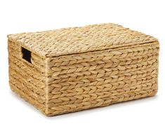 a large woven basket is shown on a white background, with the lid partially closed