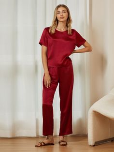 Made from high-quality silk fabric, the pajama set offers a sumptuously soft feel against your skin, ensuring a restful and indulgent night's sleep. · Made of 100% pure silk· Style: 2-piece Silk Pajama Set· Top: Drop-shoulder design· Pants with elastic waistband Satin Sleep Sets With Relaxed Fit, Silk Sleepwear For Pajama Party, Solid Satin Finish Sleepwear For Loungewear, Silk Sleepwear Relaxed Fit For Loungewear, Silk Sleepwear For Loungewear In Relaxed Fit, Silk Satin Finish Sleepwear For Night, Silk Satin Finish Sleepwear, Design Pants, Silk Pajama