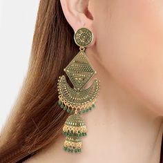 An Earring Style Is Called Jhumkas Is Popular In India And Other South Asian Nations. They Are Often Made of Gold Or Silver Polish And Frequently Feature Embellishments Made Of Pearls Or Gemstones. Jhumkas Frequently Feature A Sizable Pendant In The Form Of A Teardrop That Hangs From The Lobe. Smaller Pendants May Hang From The Bottom Of The Main Pendant & Most Jhumka Are Extremely Striking. * Handmade Jewelry | Handmade Earrings | Handcrafted * Hypoallergenic | Skin-Friendly | Allergic-Free  * Traditional Green Danglers With Beads, Green Dangle Chandbalis With Latkans, Green Dangle Jhumkas For Festive Occasions, Green Danglers With Latkans, Festive Beaded Drop Danglers, Bollywood Style Jhumkas With Dangling Beads, Temple Jewelry Chandbali Jhumkas With Dangling Beads, Festive Beaded Dangling Earrings, Festive Dangling Beaded Earrings