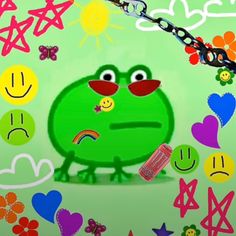 a green frog is surrounded by hearts and flowers