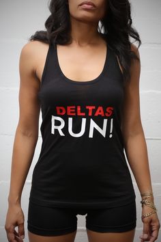 You remember what it took for you to get your letters, right? Well that means running is no big deal! So next time you go out and hit the pavement, let the world know who you are and what you represent. Let them know eating a few miles is no big deal compared to the commitment you gave and continue to give to be in your phenomenal sorority! Let everyone know... You RUN! 100% Cotton Machine wash cold, tumble dry. Model is a size 2, stands 5'4" tall @ 112 lbs and is wearing Small. Perfect for thos Black Sleeveless Tank Top With Logo Print, Black Logo Print Tank Top For Streetwear, Black Sleeveless Tank Top With Text Print, Black Text Print Sleeveless Tank Top, Racerback Tank Top With Letter Print For Streetwear, Black Activewear For Workout With Text Print, Black Tank Activewear For Streetwear, Black Letter Print Tank Top, Black Racerback Tank Top With Letter Print