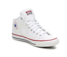 Durable canvas upper, Lace-up closure for a custom and secure fit, Classic round toe, Lined insole, Durable rubber midsole, Flexible rubber traction outsole, Padded collar and tongue for added comfort, Iconic Chuck Taylor inner ankle patch, Converse® branding details | Adults' Converse Chuck Taylor All Star Foundation Hi Sneakers in White Size Men's 7 / Women's 9 Medium White Sporty Sneakers With Star Patch, Sporty White Sneakers With Star Patch, High-top Sneakers With Star Patch For Streetwear, Converse Star, Shoe Carnival, Blue Sneakers, Converse Chuck Taylor All Star, Womens Converse, Chuck Taylor All Star