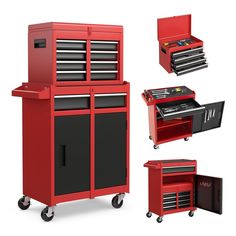 a red tool cabinet with drawers and tools