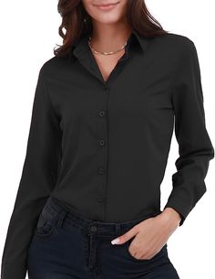 Gemolly Women's Basic Button Down Shirts Long Sleeve Plus Size Simple Cotton Stretch Formal Casual Shirt Blouse Black M at Amazon Women’s Clothing store Linen Pants Outfit, Women's Button Down Shirt, Shirts Long Sleeve, Formal Casual, Blouse Online, Work Blouse, Casual Blouse, Casual Shirt