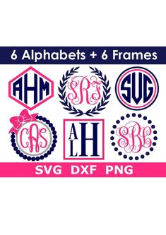 six monogrammed frames with the initials and letters in pink, blue, and white