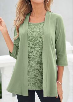 Color:Sage Green;Size:S;Package Contents:1 X T Shirt;Occasion:Casual;Style:Casual; Blouse Designs Catalogue, Stylish Tops For Women, Green Square, Lace Tshirt, Women Blouses, Plus Size Kleidung, Green Lace, Green Blouse, Sleeve Cardigan