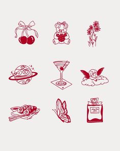 an image of different types of food and drinks on a white background with red ink