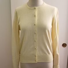 Nwot Adorable, Feminine, Light Yellow Sweater With Lace Edging And Cute Buttons! Has Never Been Worn. S2 Cream Fitted Cardigan For Everyday Wear, Fitted Cotton Sweater For Daywear, Elegant Cotton Crew Neck Cardigan, Fitted Cream Cardigan For Everyday, Elegant Crew Neck Cotton Cardigan, Classic Yellow Sweater For Spring, Yellow Fitted Sweater For Layering, Fitted Yellow Sweater For Layering, Casual Yellow Tops With Lace Trim