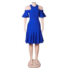 Our Style No.PZC164390%Polyester. 10%SpandexMade in ChinaVery StretchyGentle Dry Clean Only Bandage Dress, Blue Dresses, Cold Shoulder Dress, Round Neck, Lighting, Blue