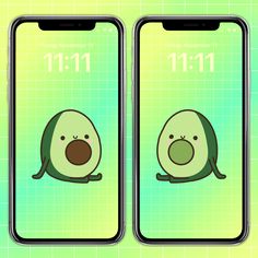 two iphones with cartoon faces on them, one has an avocado face