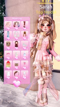 an animated doll is standing next to a pink board with clothes and accessories on it