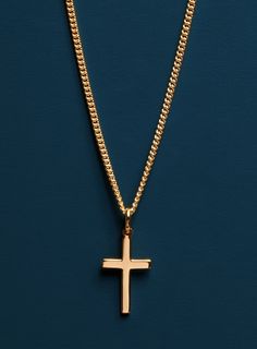 "Vermeil Gold Cross on 14k Gold Filled Curb Chain BY WE ARE ALL SMITH $169.00 Minimalist Vermeil Gold Cross Pendant on 14K Gold Filled Rope Chain. Cross: Vermeil Gold Chain: 14K Gold FILLED Cross: 24mm x 13mm Chain: 2 mm Clasp: Lobster Claw Available in 18, 20, 22, 24, 26, 28 and 30 inches (Choose length from drop down menu) Made in the USA About \"Gold Filled Jewelry\": Also called rolled-gold. These jewelry items are not actually filled with gold. They are made of a base metal covered by sheet Cross Pendant Men, Mens Cross Necklace, Sterling Silver Cross Necklace, Gold Chain Design, Mens Gold Jewelry, Sterling Silver Cross Pendant, Gold Chains For Men, Silver Cross Pendant, Gold Cross Necklace