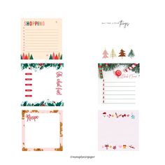 three christmas cards with the words shopping on them and an empty notepad next to it