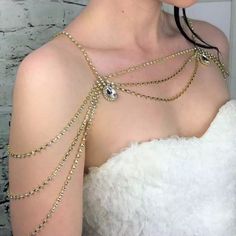 It’s Beautiful Body Chain With Multilayered Rhinestone Chain Silver Left Great For Weddings Or Cocktail Parties Shoulder Chain Jewelry, Jóias Body Chains, Shoulder Jewelry, Gold Body Chain, Shoulder Necklace, Wedding Jewelry For Bride, Moroccan Jewelry, Body Chains, Rhinestone Fashion