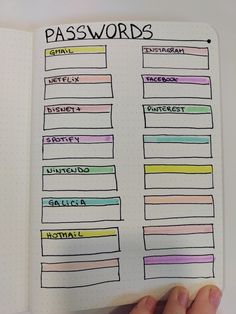 a hand holding a notebook with several different types of words on it