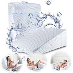 two women laying in bed next to each other with water splashing on them and the sheets pulled back