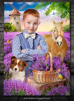 a little boy standing next to a horse and a dog in a field with purple flowers