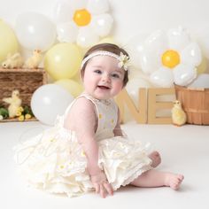 Daisy Birthday Dress, 1st Birthday Photoshoot Daisy Theme, Daisy First Birthday Photoshoot, Photoshoot Girly, Daisy Photoshoot, Daisy First Birthday, Daisy Theme, Random Products, Monthly Baby Pictures