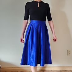 Miss Patina Royal Blue Satin Circle Pleated Skirt Size Small. Midi pleated skirt with pockets. Excellent condition. Zip back closure. 50s Inspired skirt. Made of polyester. Cocktail Flared Skirt With Pleated Waist, Party Flared Skirt With Pleated Waist, Pleated Full Skirt For Party, Cocktail A-line Skirt With Pleated Waist, A-line Party Skirt With Lining, Party A-line Lined Skirt, A-line Lined Skirt For Party, Party Pleated Full Skirt, Cocktail Full Pleated Skirt