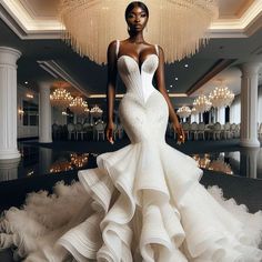 a woman in a white wedding dress standing next to a chandelier