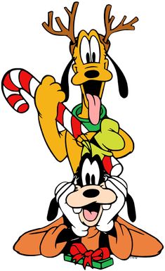 goofy and pluto are sitting on top of each other