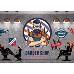 a barber shop with various stickers on the wall