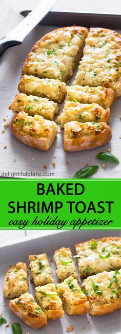 baked shrimp toast on a baking sheet with text overlay