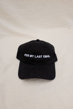 Per my last email embroidered adjustable hat. One size. Adjustable at back. Hat is Imported. Embroidered in the USA. PIPE AND ROW Black Embroidered Curved Bill Hat, Black Dad Hat With Embroidered Logo For Everyday, Embroidered Black Cotton Hat, Black Embroidered Cotton Hat, Adjustable Black Trucker Hat With Letter Embroidery, Black Dad Hat With Letter Embroidery, Black Cotton Hat With Letter Embroidery, Black Cotton Dad Hat With Letter Embroidery, Black Brimmed Dad Hat, One Size